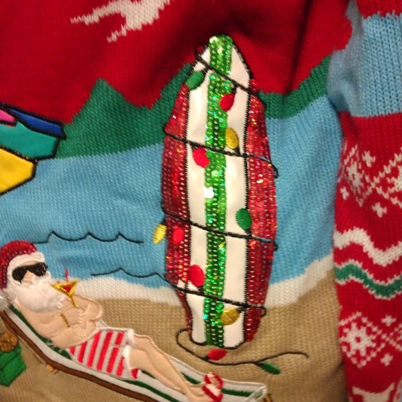 ❤️Santa on VACA Hooked Up Embroidery Leather Sequins UGLY CHRISTMAS SWEATER SZ L - Picture 6 of 12